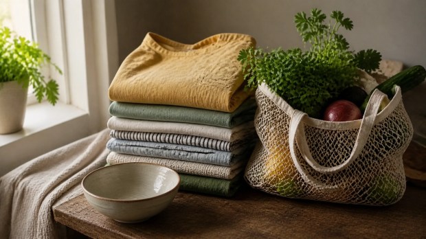 A calm kitchen scene with folded laundry, fresh groceries, and a ceramic bowl ready for a restorative meal