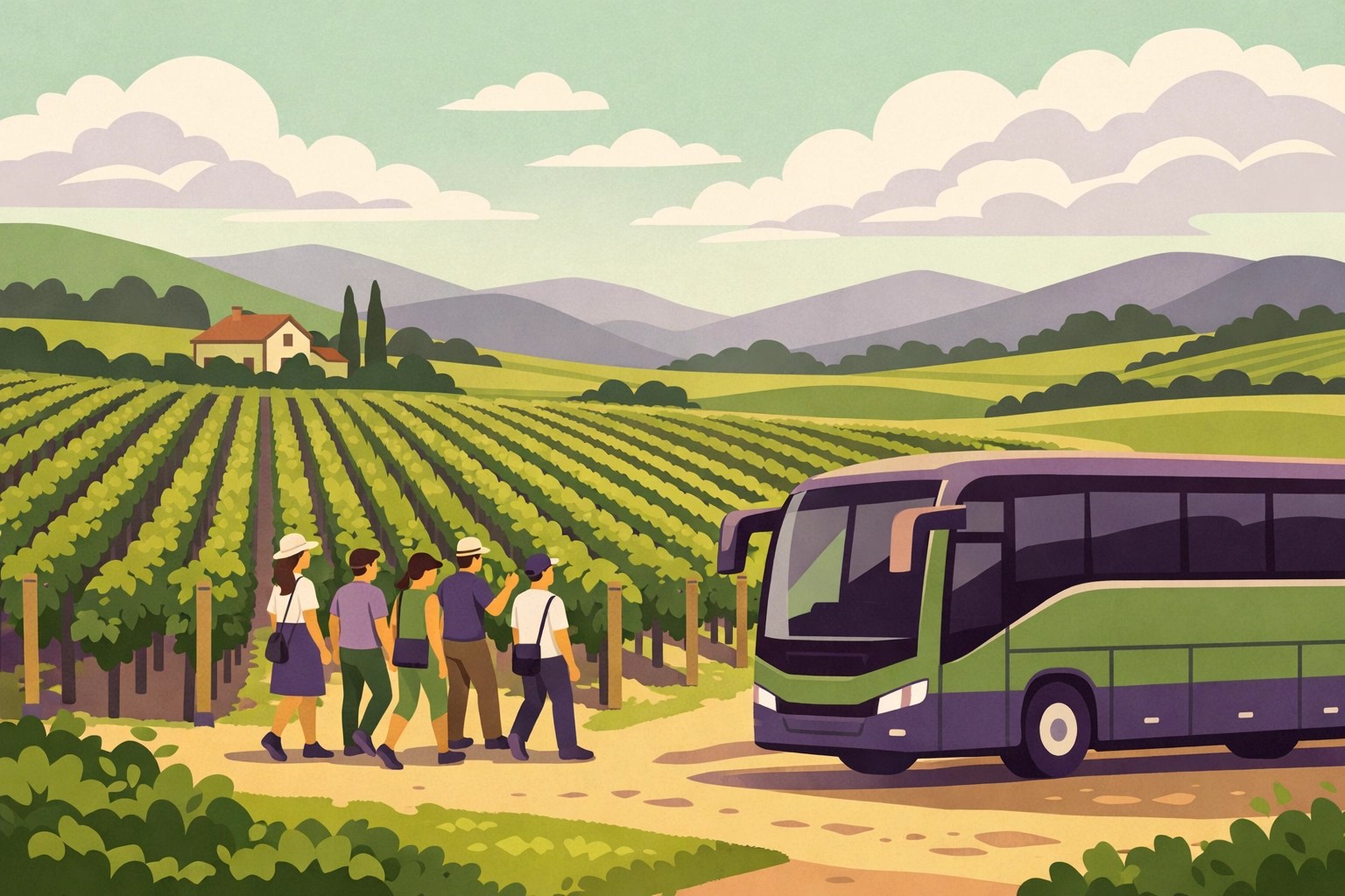 Virginia vineyard landscape with corporate group on guided wine tour beside luxury tour bus