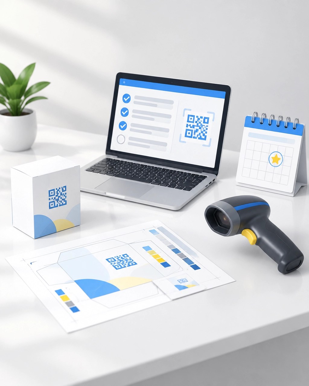 A business readiness workspace with product packaging, a scanner, a laptop checklist, and a future implementation milestone