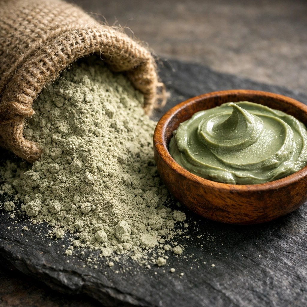 Natural illite green clay powder and mineral-rich paste used for athlete muscle recovery and swelling.