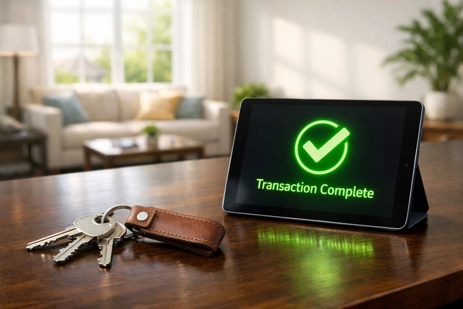 House keys on a table next to a tablet showing a successful cash home sale completion in Dundalk.