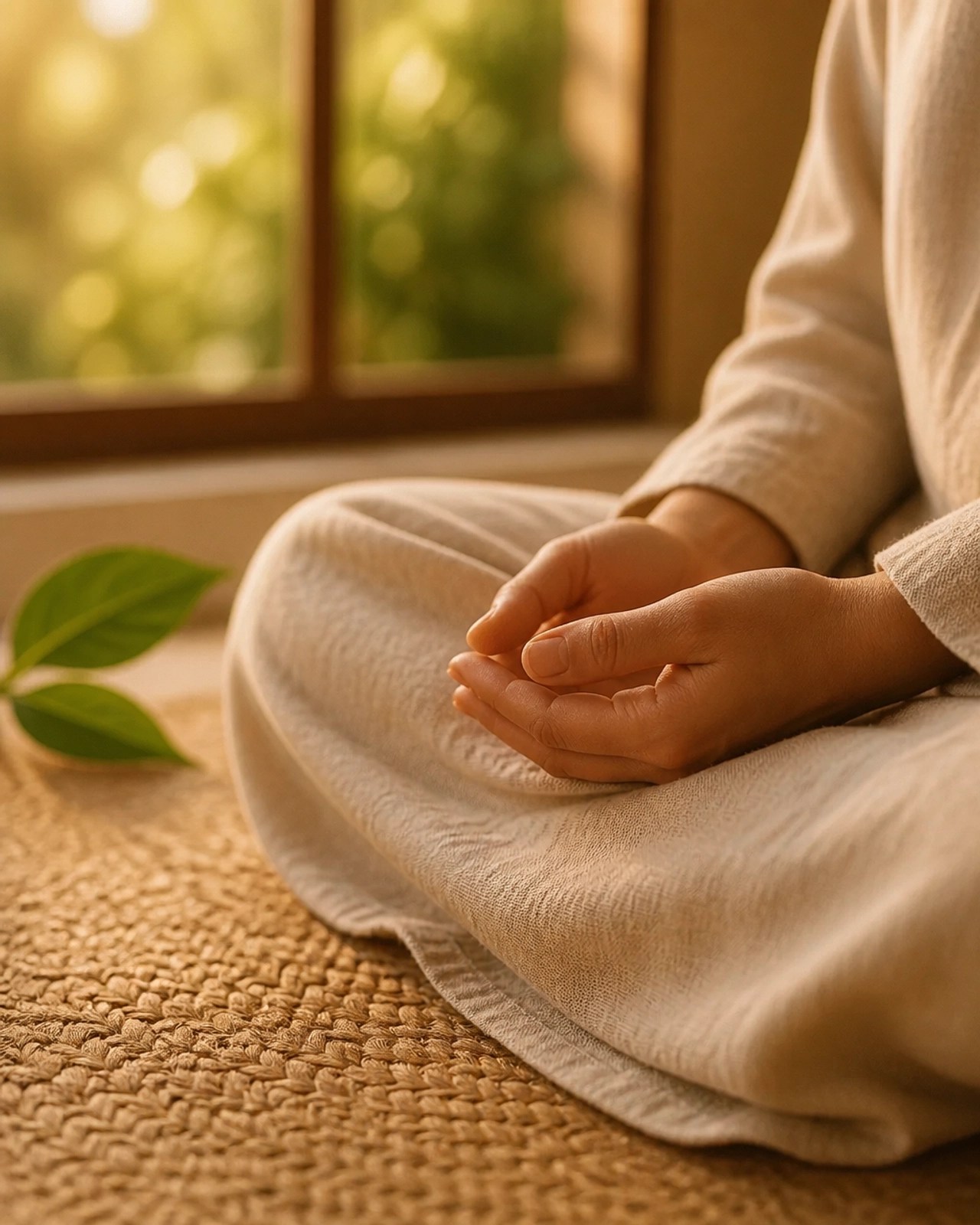 A serene image of hands resting in a lap during meditation, illuminated by golden afternoon light.