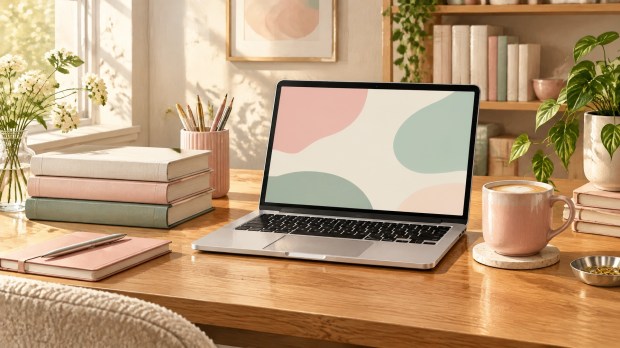 A cozy workspace with a refreshed, uncluttered desk and a screen showing only abstract color blocks