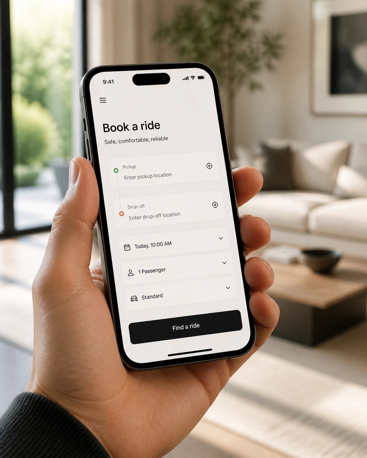A smartphone showing a minimalist booking interface
