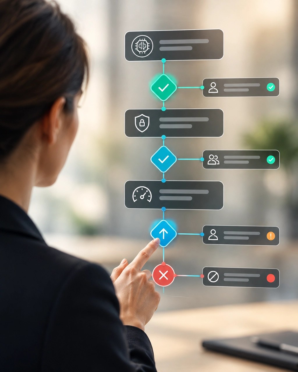 A professional reviewing an abstract AI approval matrix with permission and escalation pathways