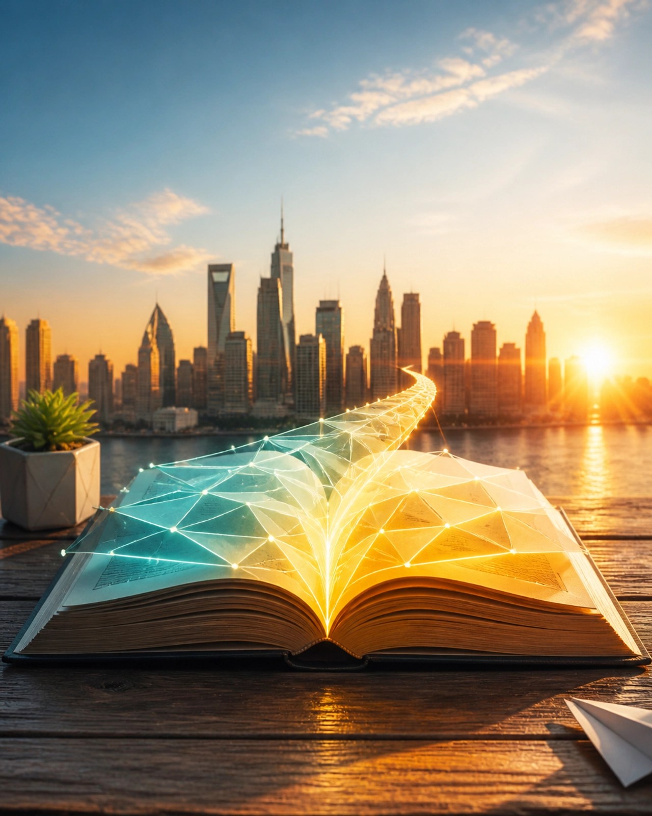 An open book acting as a bridge to a modern city skyline