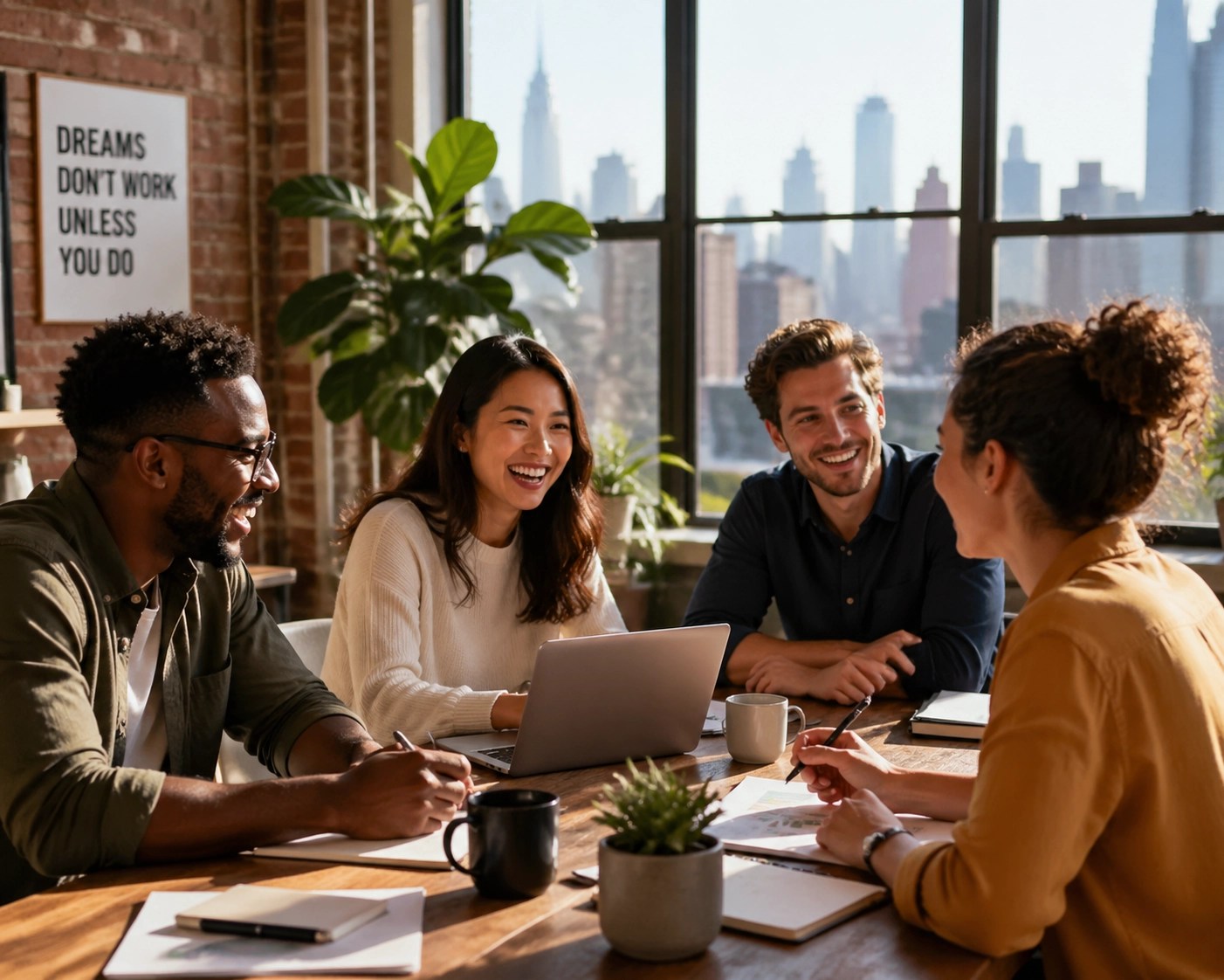 Diverse New York employees enjoying workplace wellness and small business health benefits.