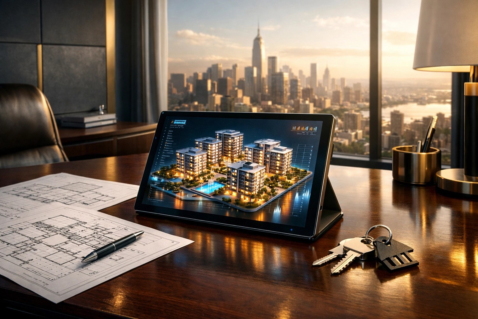 Professional property investor desk with blueprints and a digital model for real estate analysis.