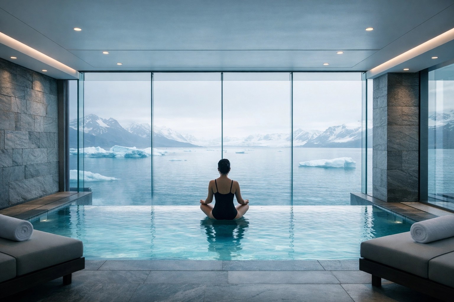Shipboard wellness sanctuary with an infinity pool overlooking the Arctic on a luxury cruise expedition.