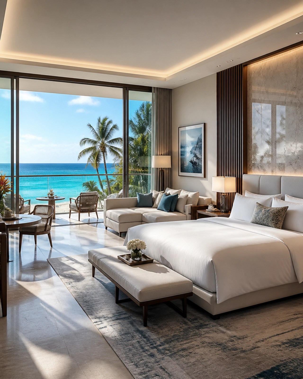 A stunning luxury hotel suite with floor-to-ceiling ocean views, representing the zero-stress planning provided by AHTRAVELSNYC.