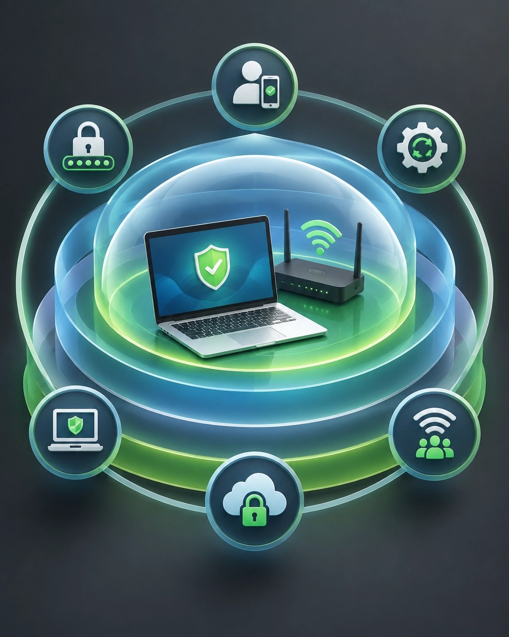 Layered cybersecurity controls surrounding a small-business laptop and network router
