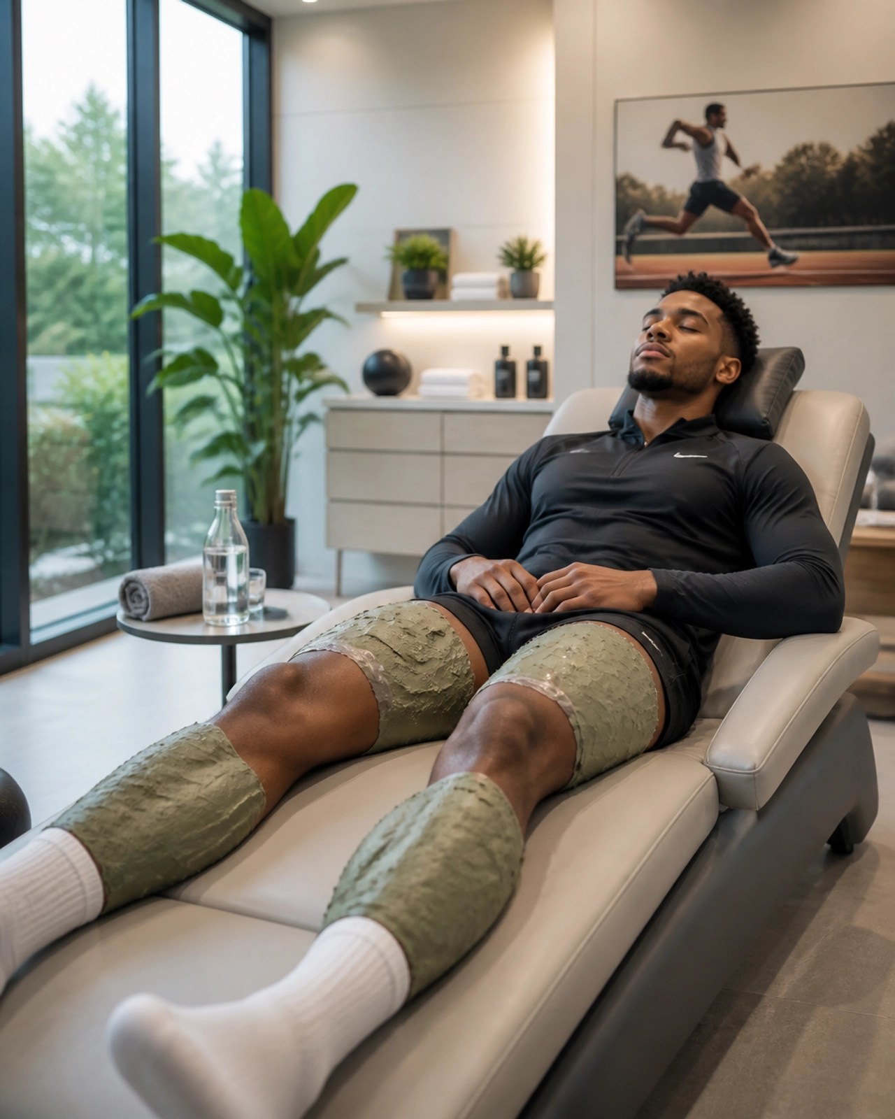 A professional athlete relaxing with green clay poultices applied to their calves