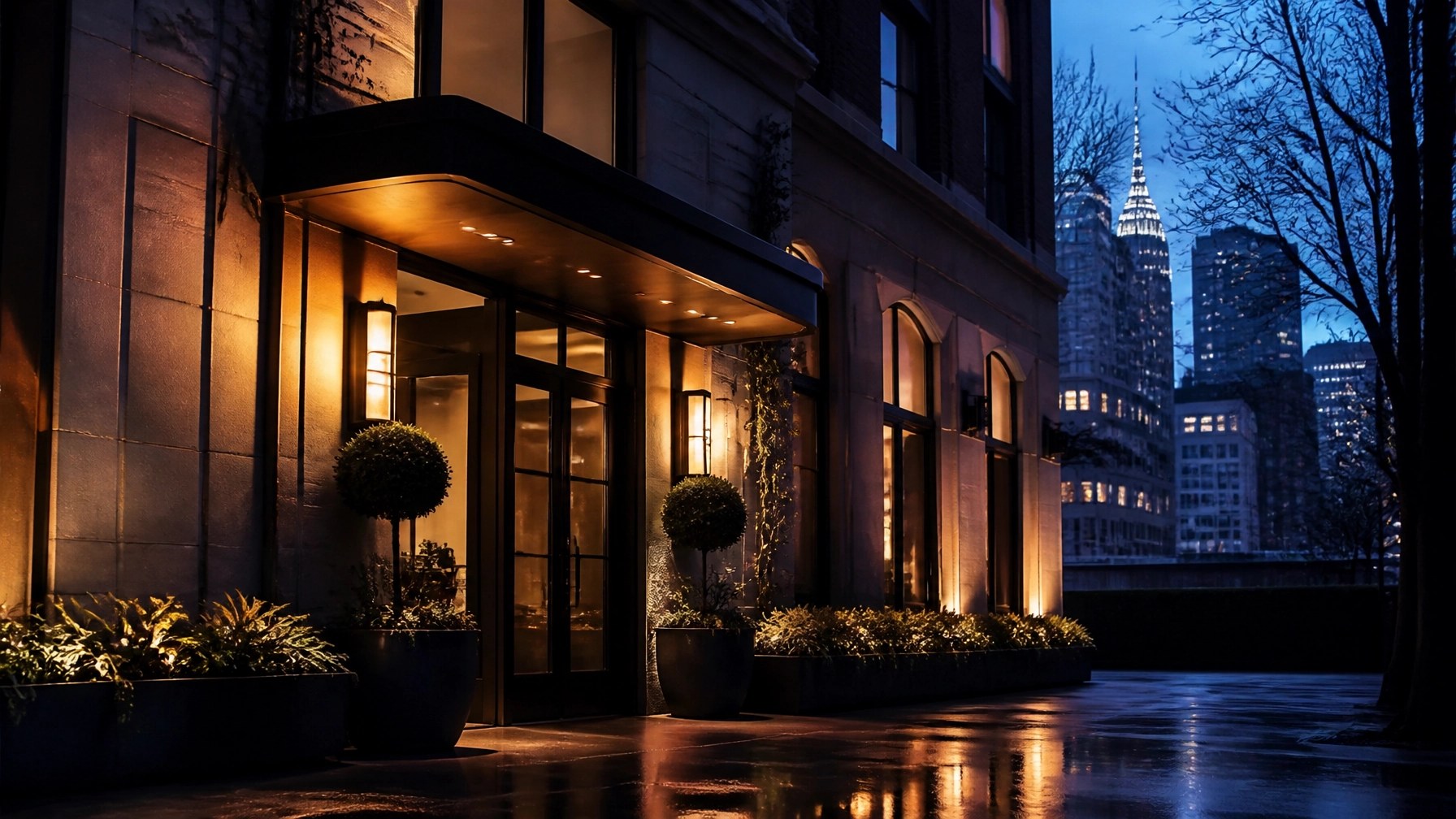 Warmly lit New York City hotel exterior at blue hour with reflective pavement