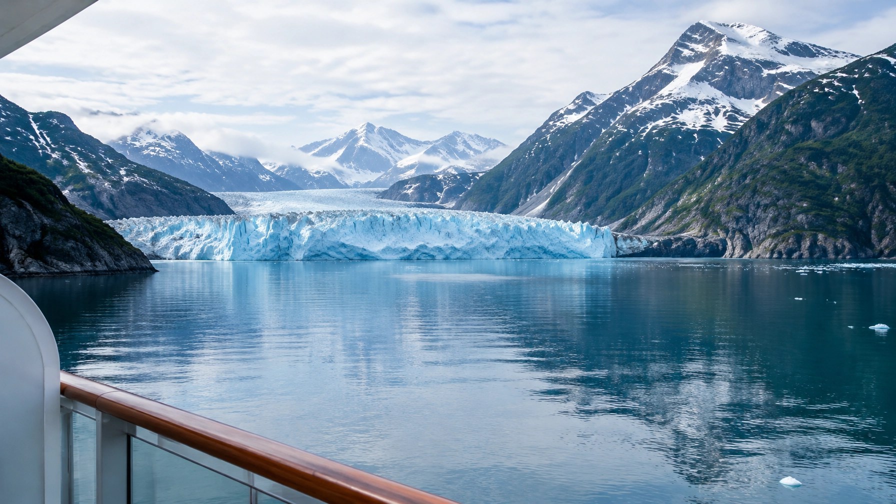An Alaska cruise ship balcony facing a blue glacier, snow-dusted mountains, and calm fjord waters