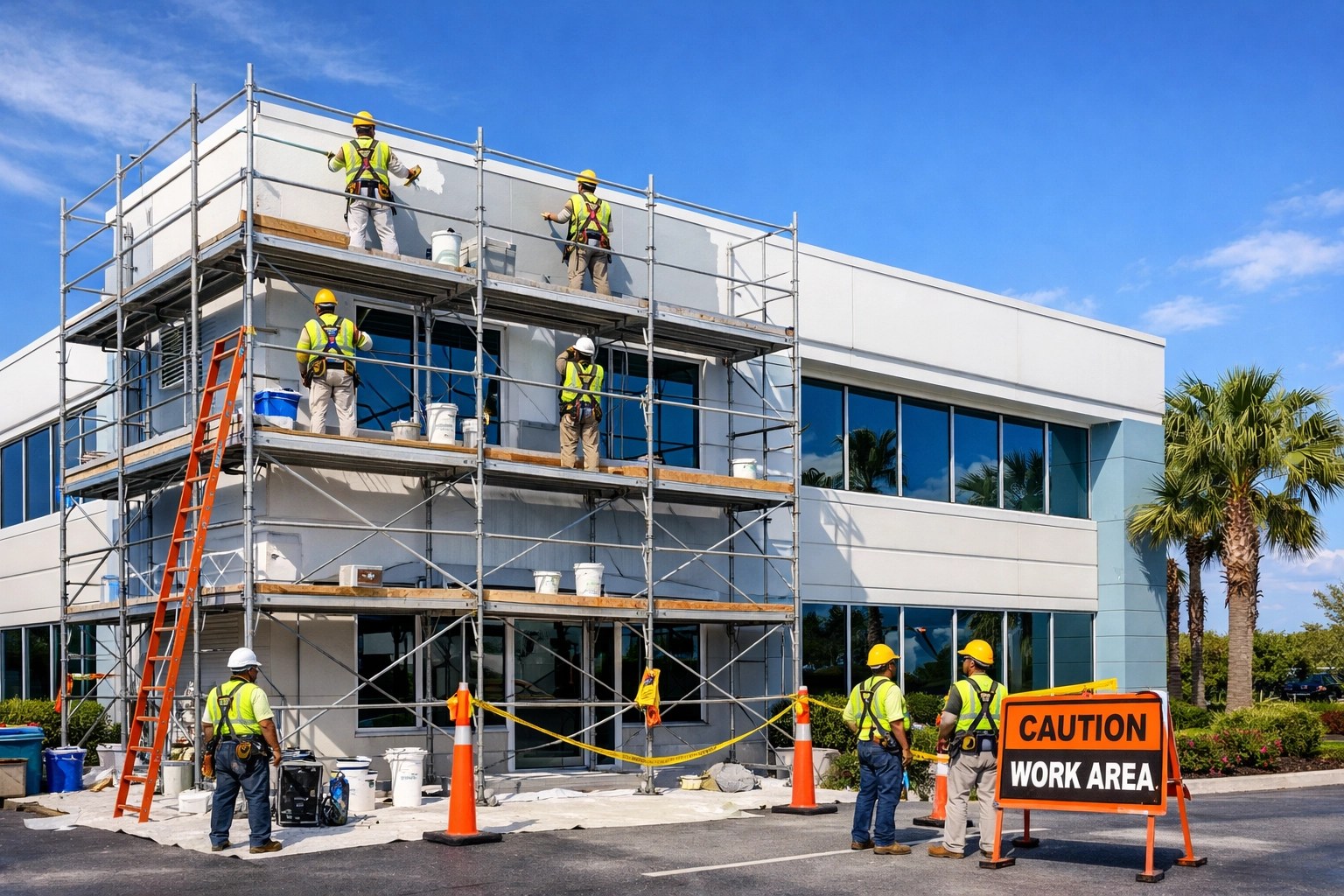 Professional commercial painting crew using safety equipment on Palm City office building