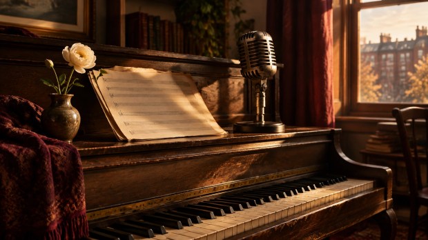 A vintage microphone and sheet music beside an upright piano in warm late-afternoon light