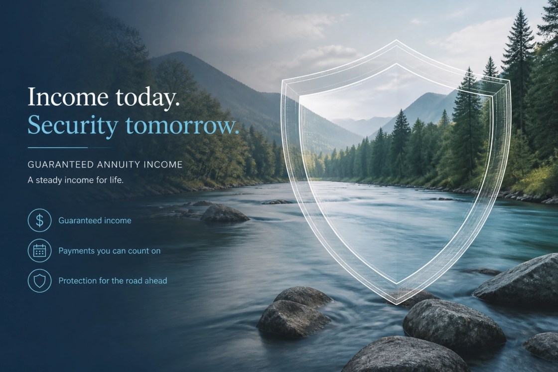 A conceptual financial image showing a steady, calm river flowing smoothly, symbolizing guaranteed annuity income. Muted photographic overlay with modern blue and teal accents.