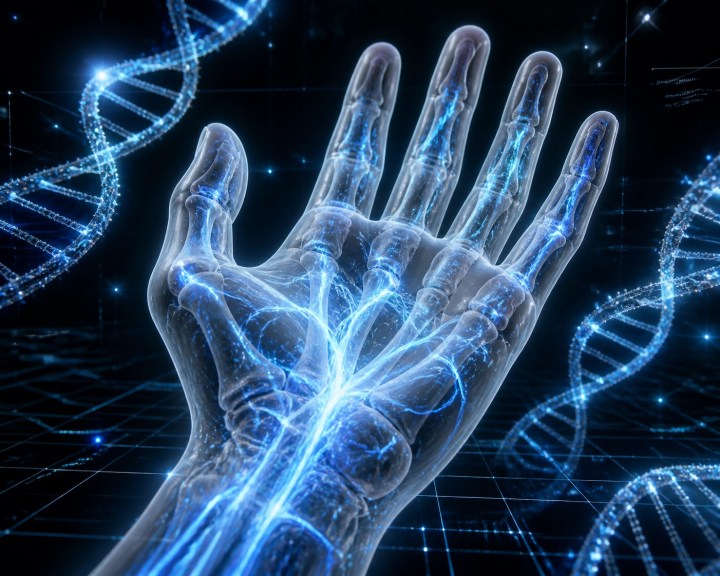 A human hand glowing with Morphin Grid energy showing the cellular DNA connection of a Power Ranger.
