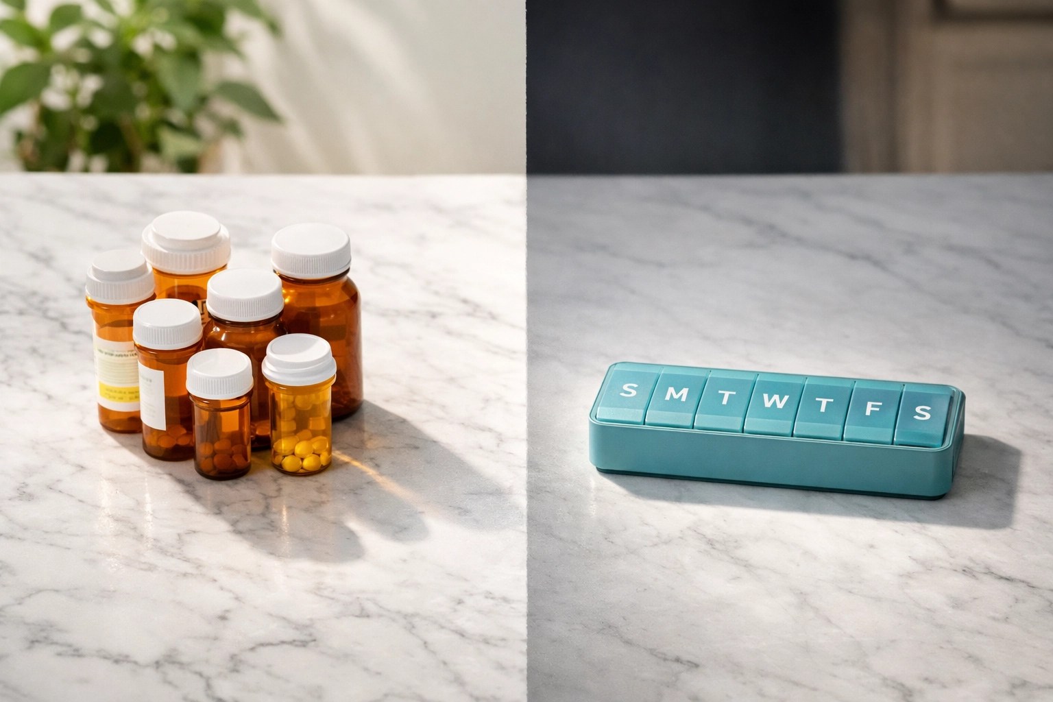 Visual comparison of standalone Medicare Part D coverage bottles versus bundled Advantage plan pill organizer.