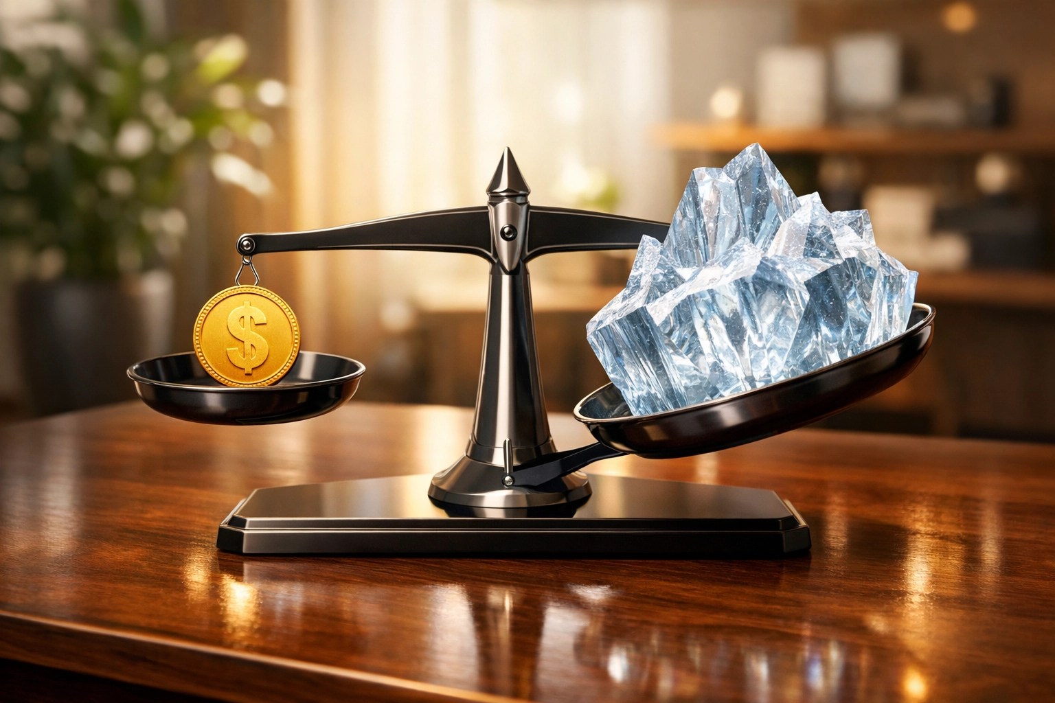 Balance scale weighing low health insurance premiums against the heavy cost of hidden deductibles.