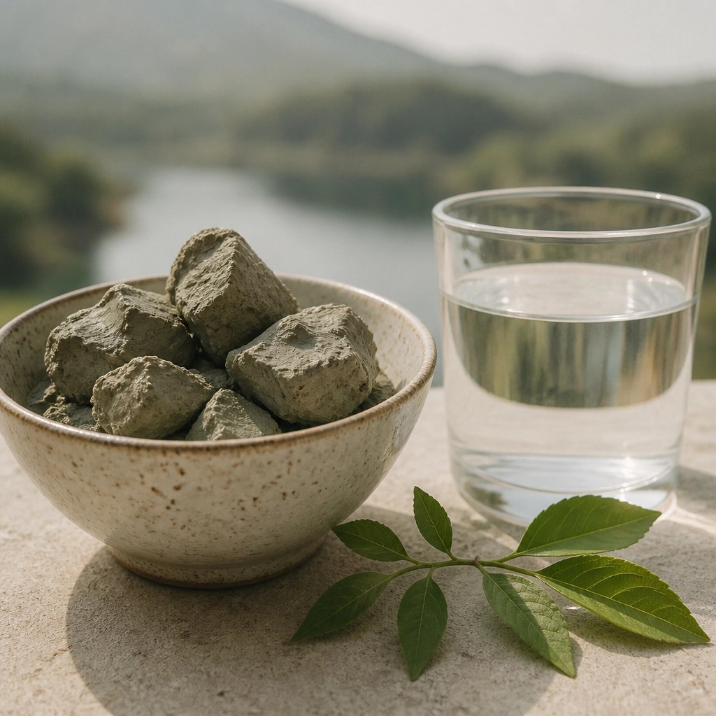 Raw green clay chunks in a bowl with a leaf