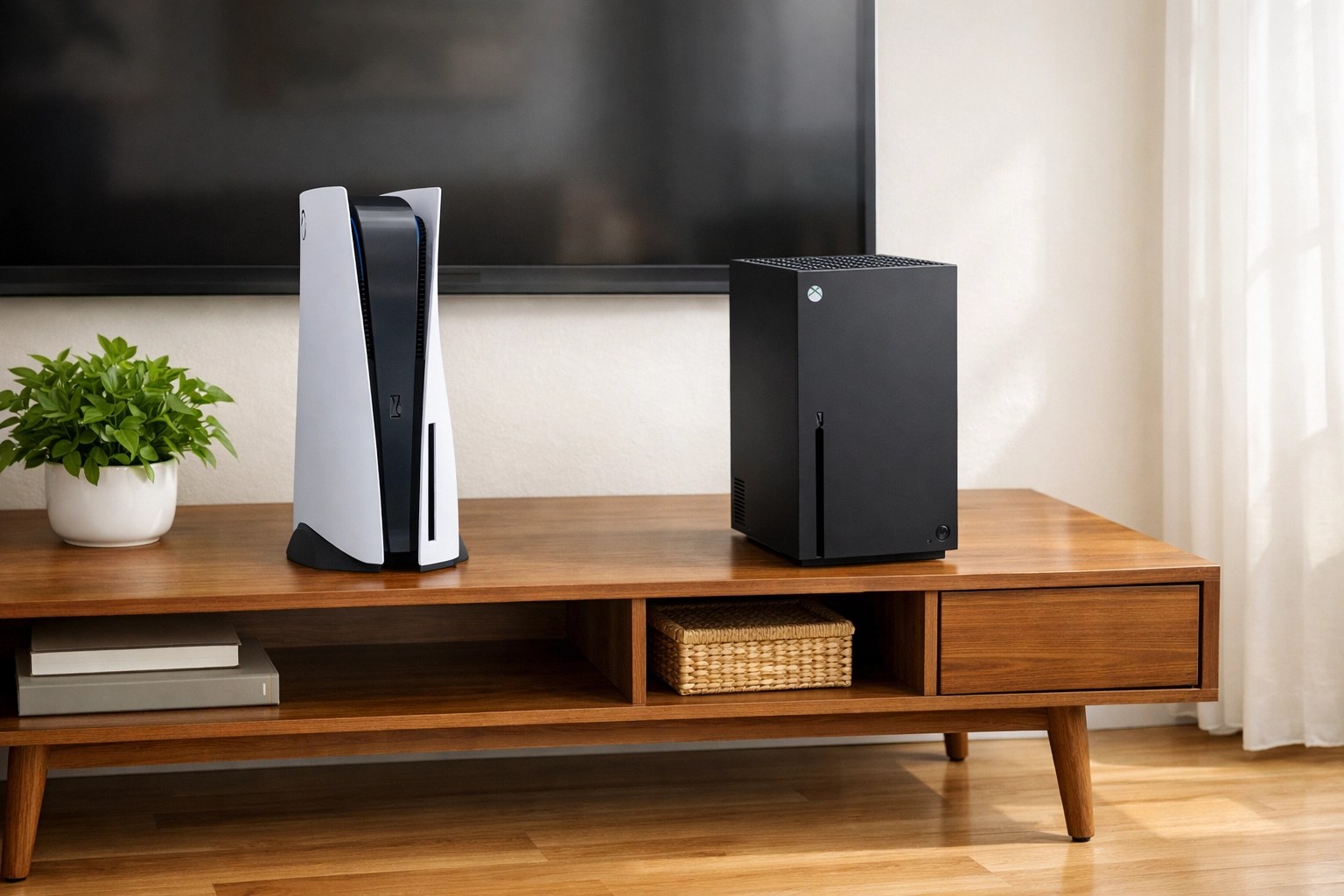 PS5 and Xbox Series X consoles properly ventilated on a clean wooden stand to improve airflow.