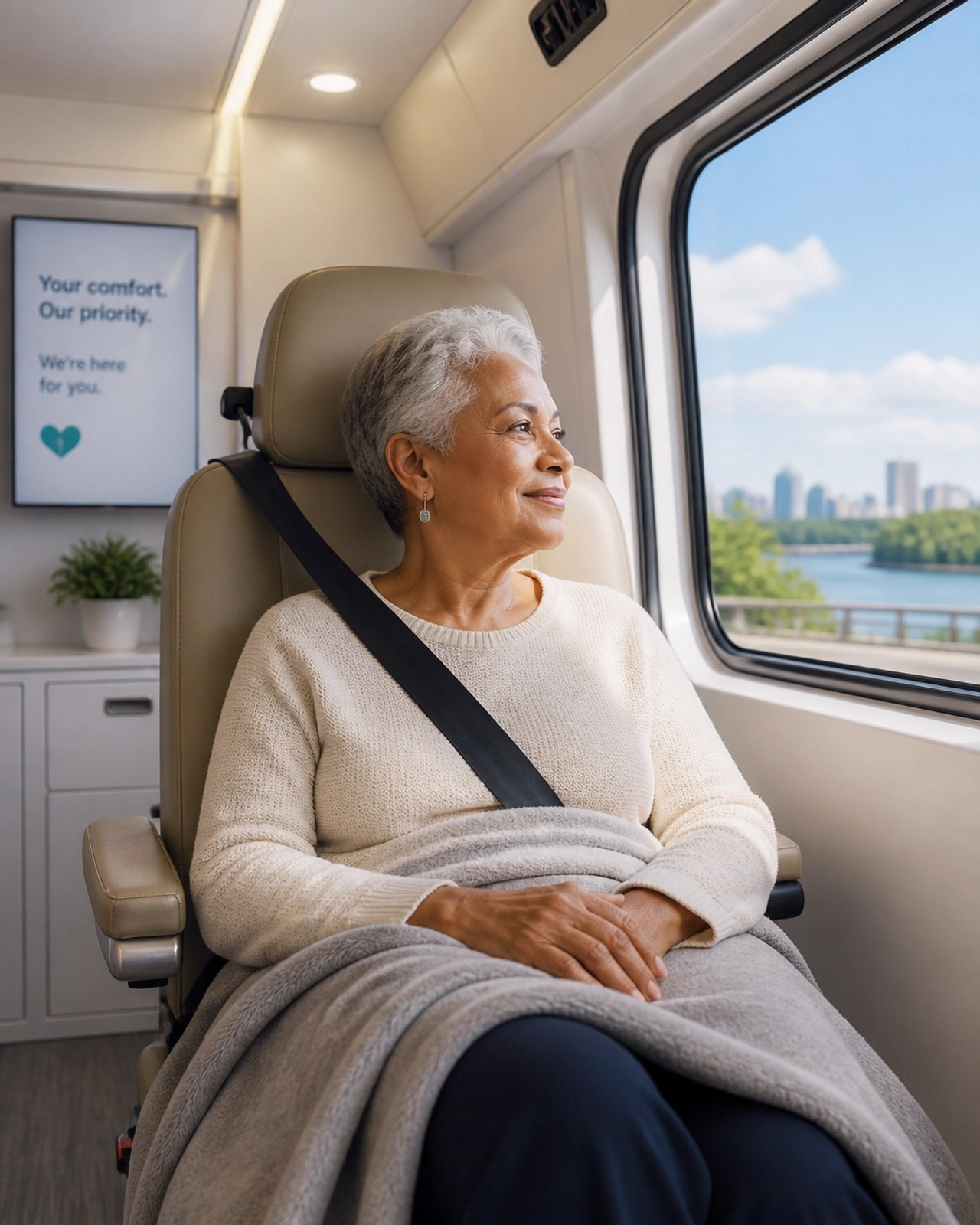 A patient sitting comfortably in a high-quality medical transport vehicle