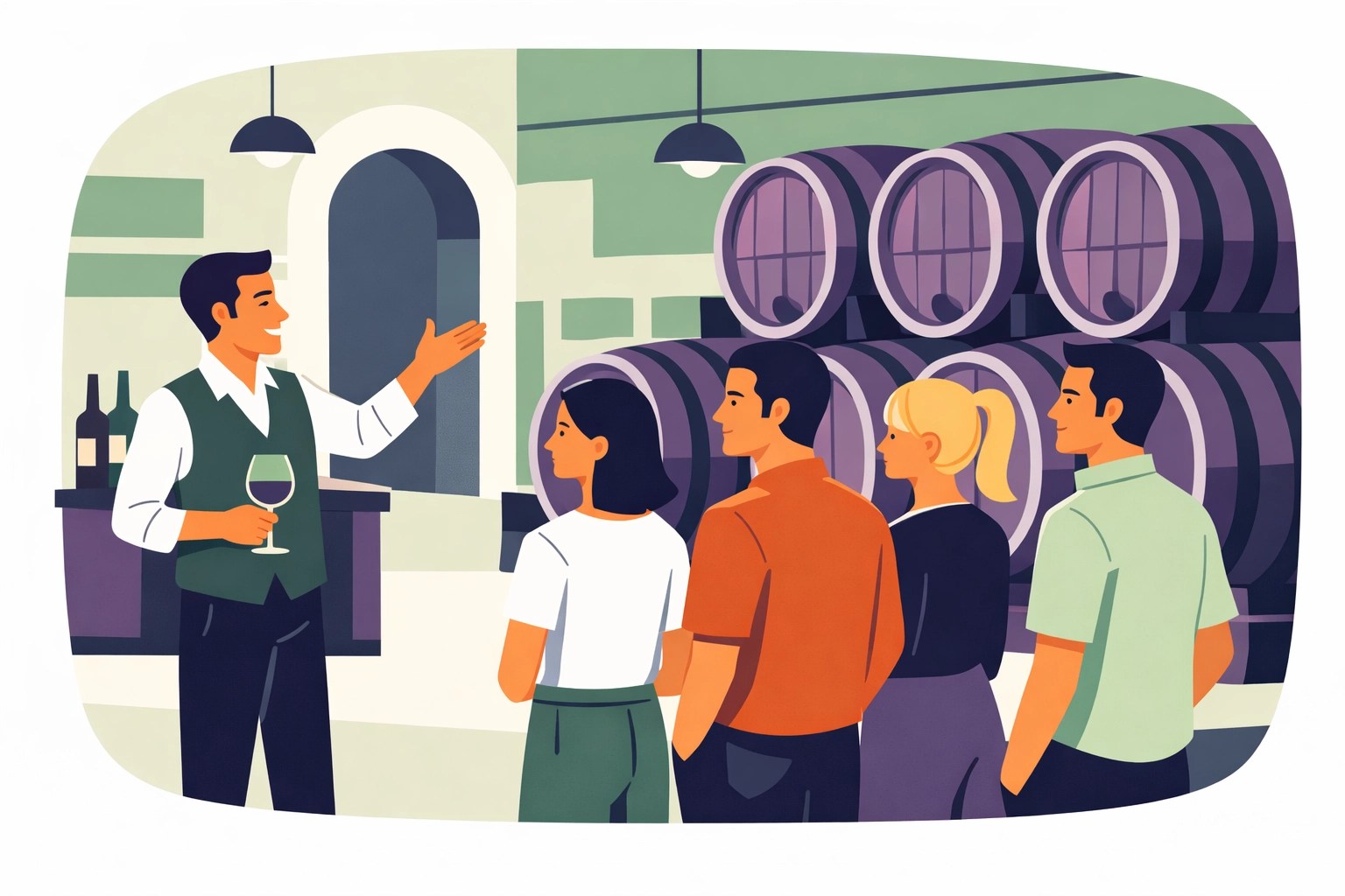 Team members learning about winemaking inside a cellar with barrels during a corporate tour.