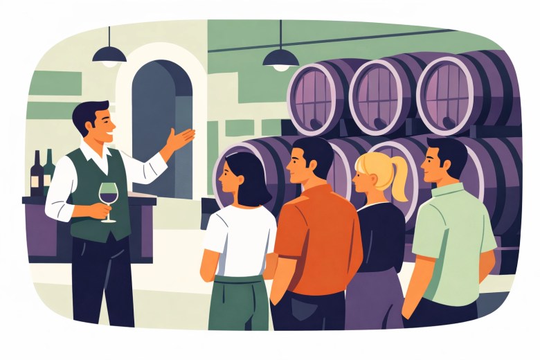 Team members learning about winemaking inside a cellar with barrels during a corporate tour.