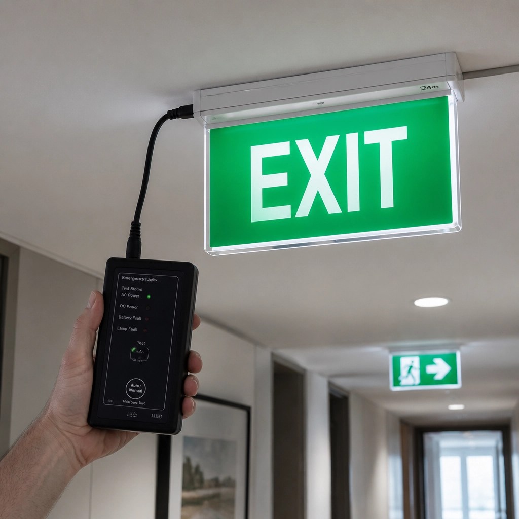 An illuminated green exit sign being tested for emergency compliance