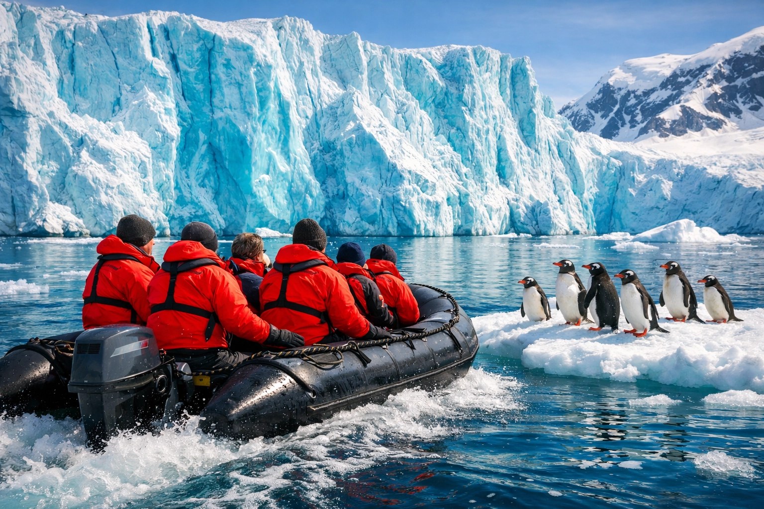Swan Hellenic travelers in a Zodiac boat exploring a turquoise glacier and penguins in a remote fjord.