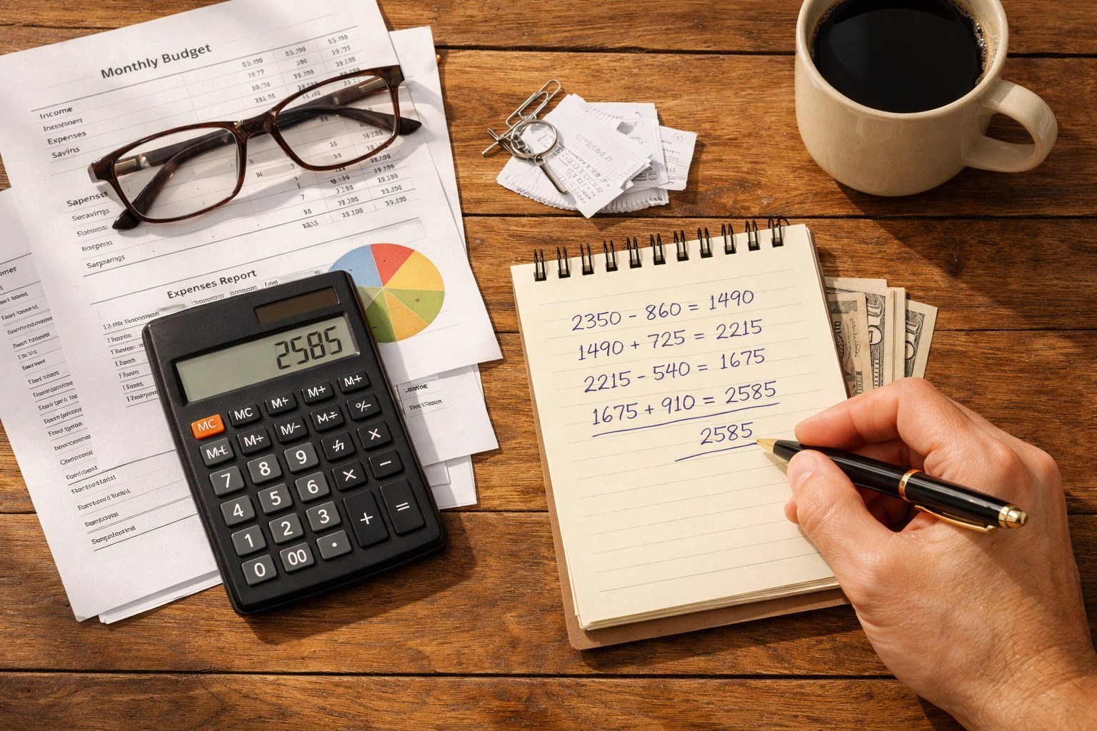Retirement income floor planning with financial documents and calculator on desk