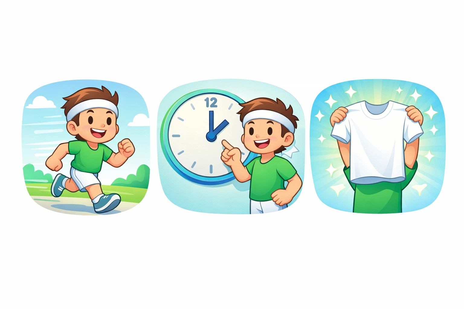 Cartoon showing a natural deodorant stress test for 24-hour protection, jogging, and stain-free clothes.