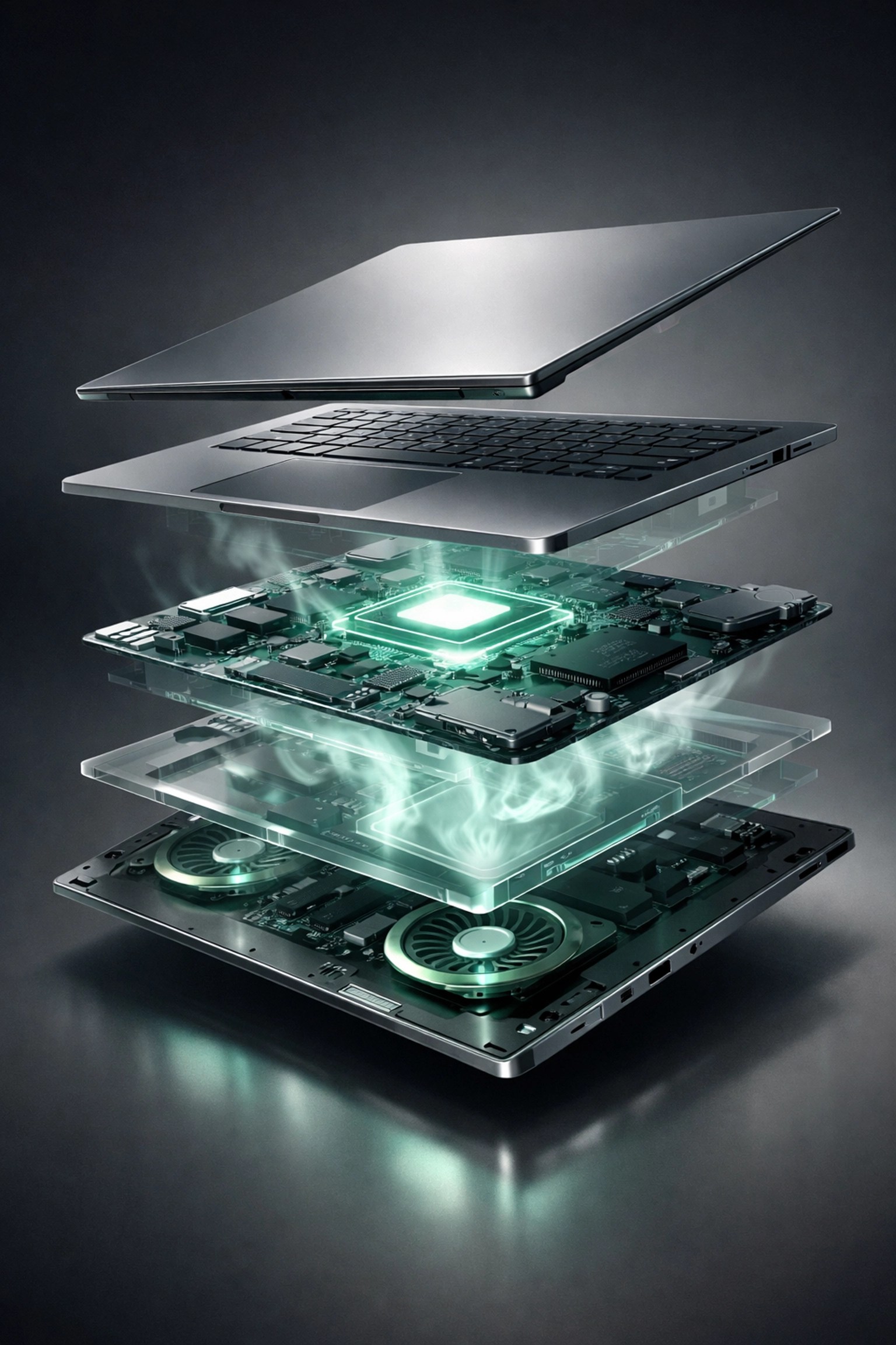 High-performance futuristic laptop featuring advanced internal hardware for AI troubleshooting and efficiency.