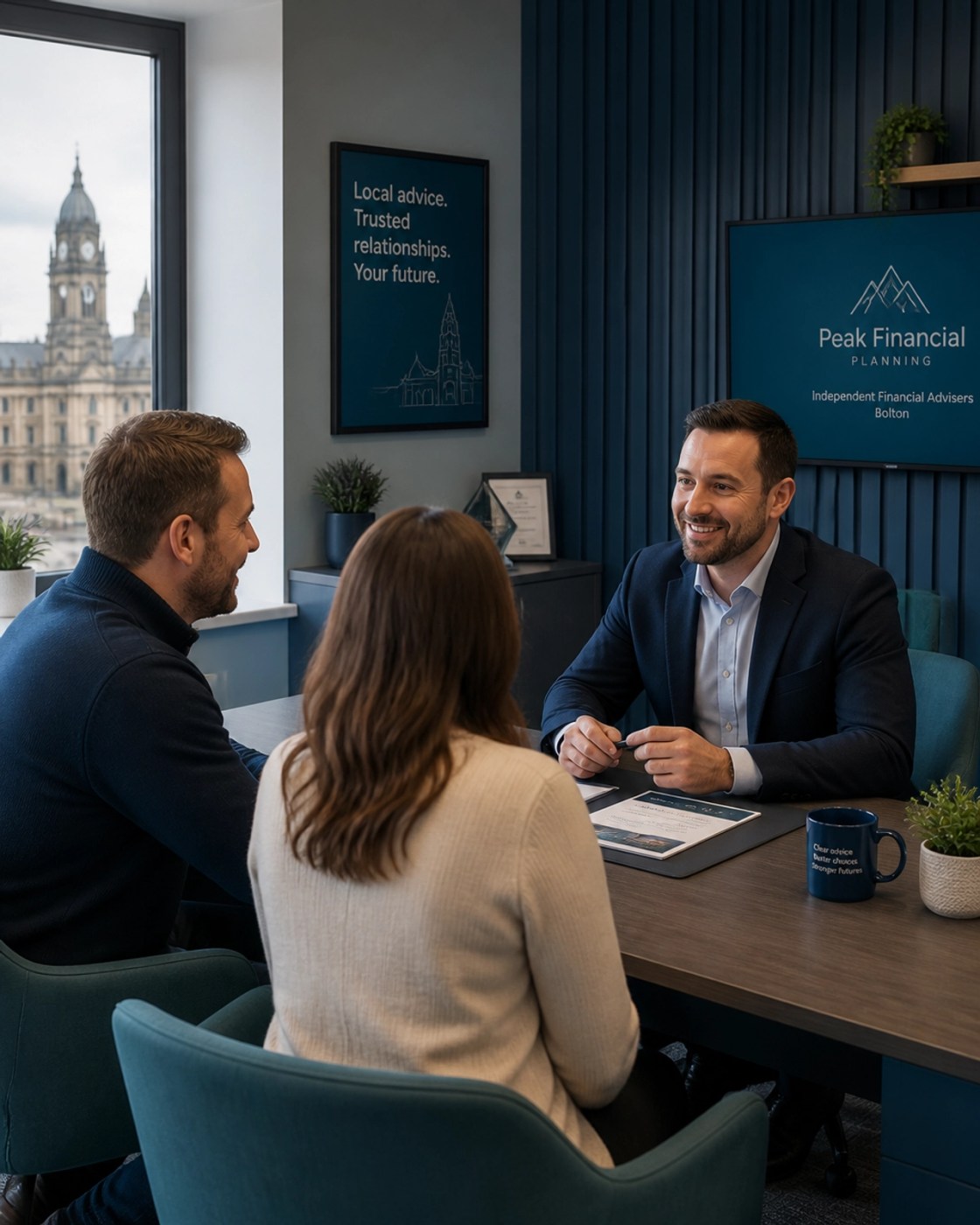 A friendly meeting between a couple and a financial adviser