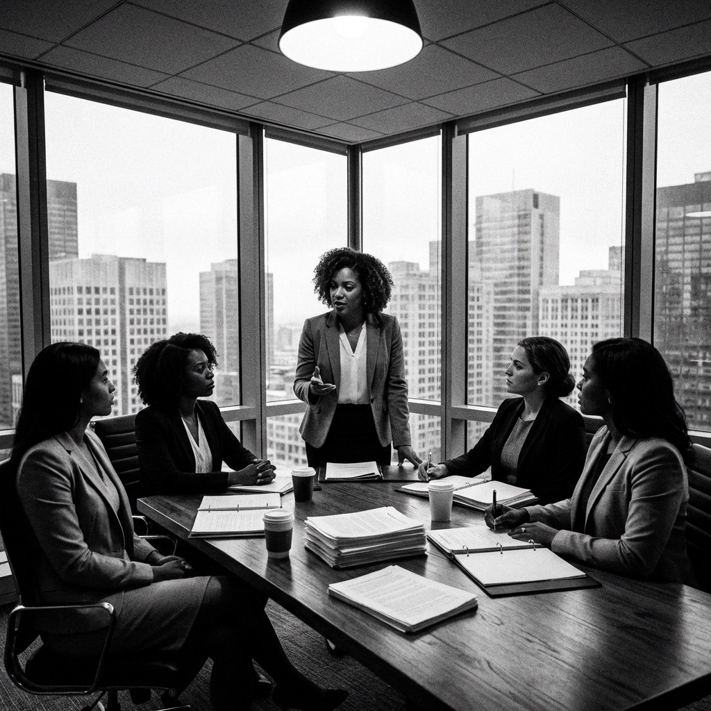 Diverse women cannabis leaders in New York gathered in a government office discussing policy and equity.