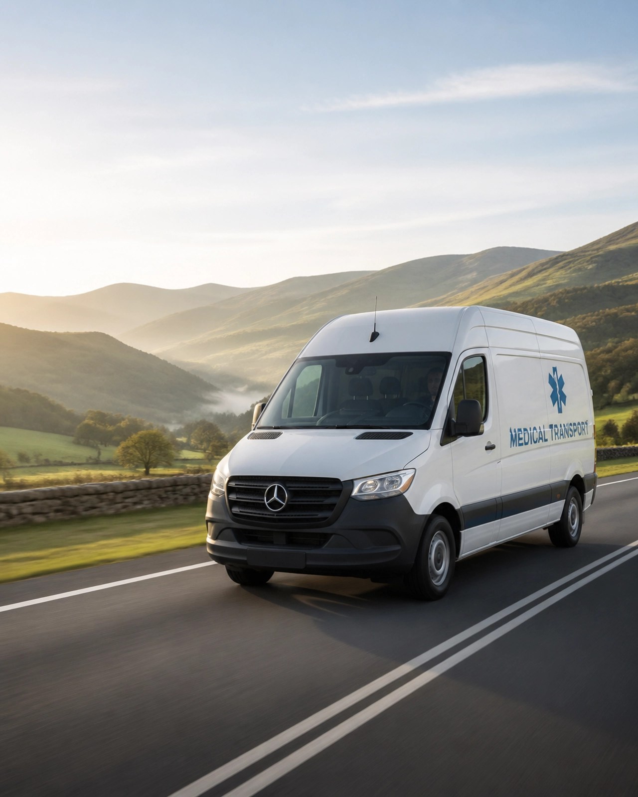 A medical transport van driving through a scenic rural landscape