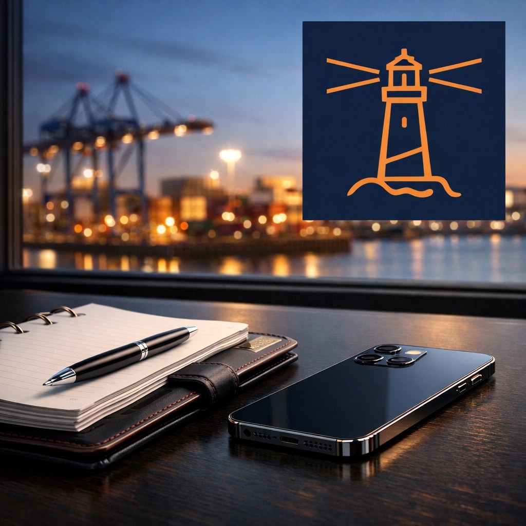 Modern office desk overlooking a shipping terminal, showcasing stable freight rates and logistics stability.