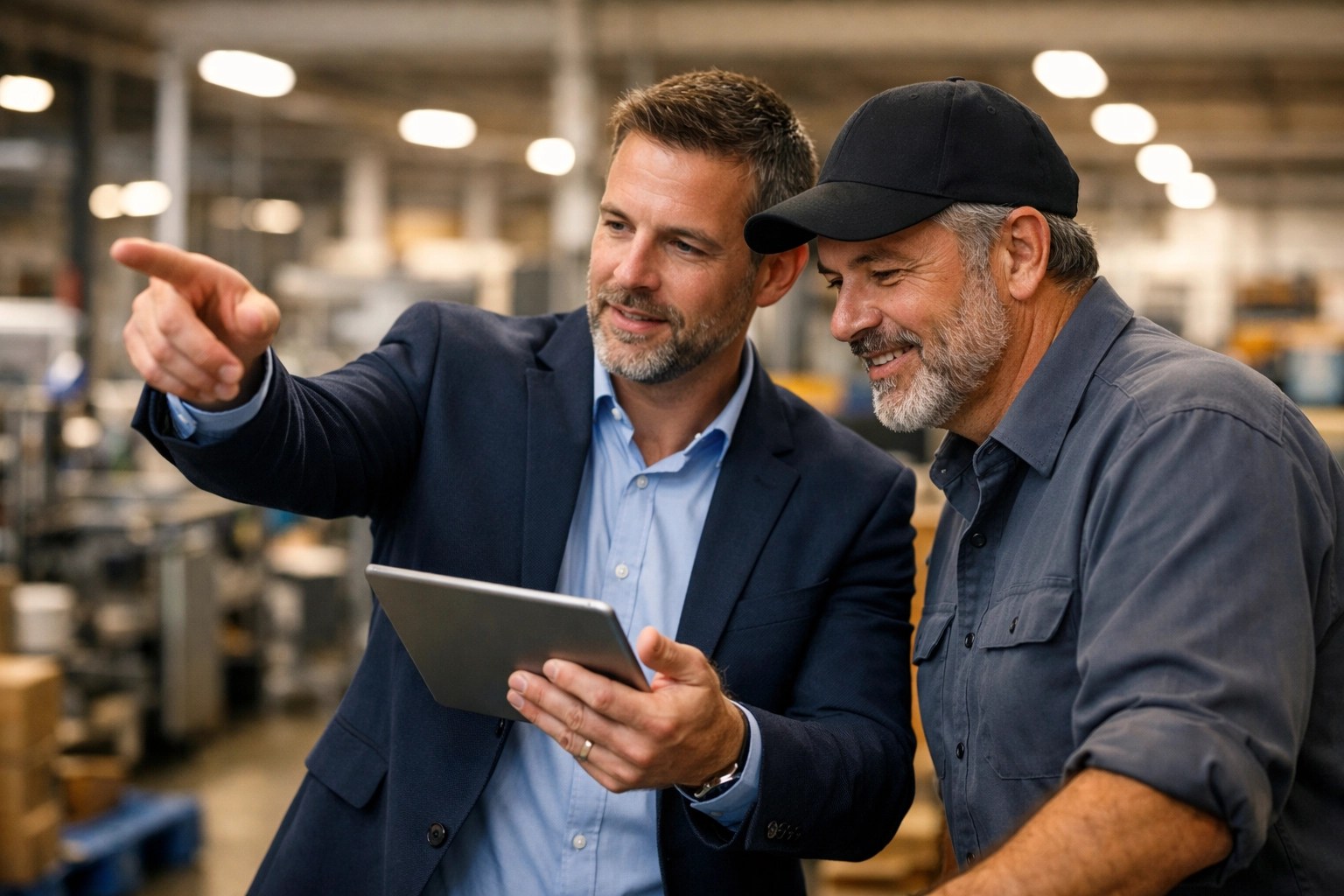 Operations consultant and business owner reviewing warehouse performance data on a tablet for better execution.