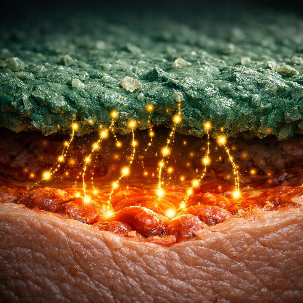 French green clay drawing out inflammation from skin tissue for natural pain relief and muscle recovery.