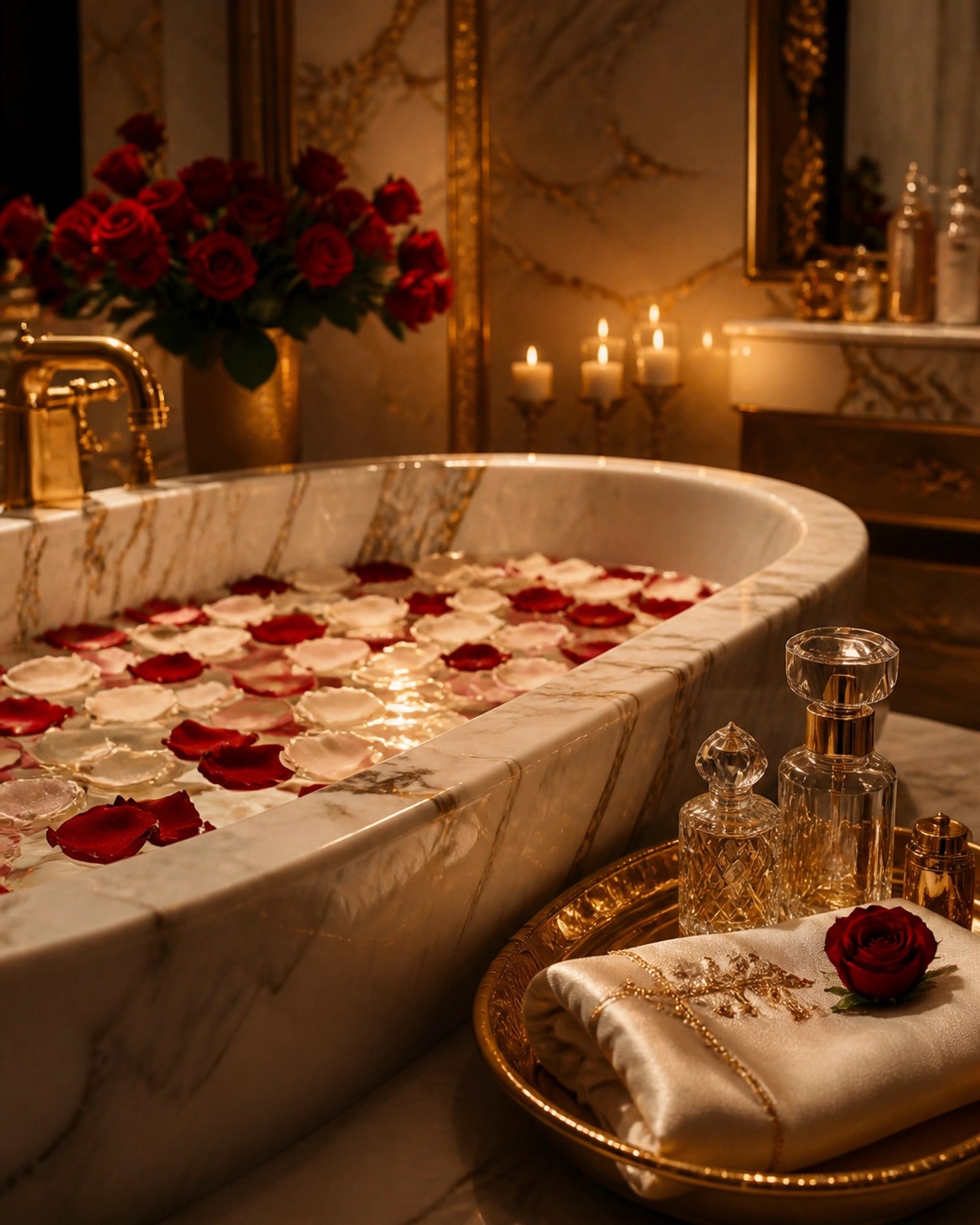 A marble bathtub filled with water and floating red and white rose petals, representing a luxury divine feminine ritual.