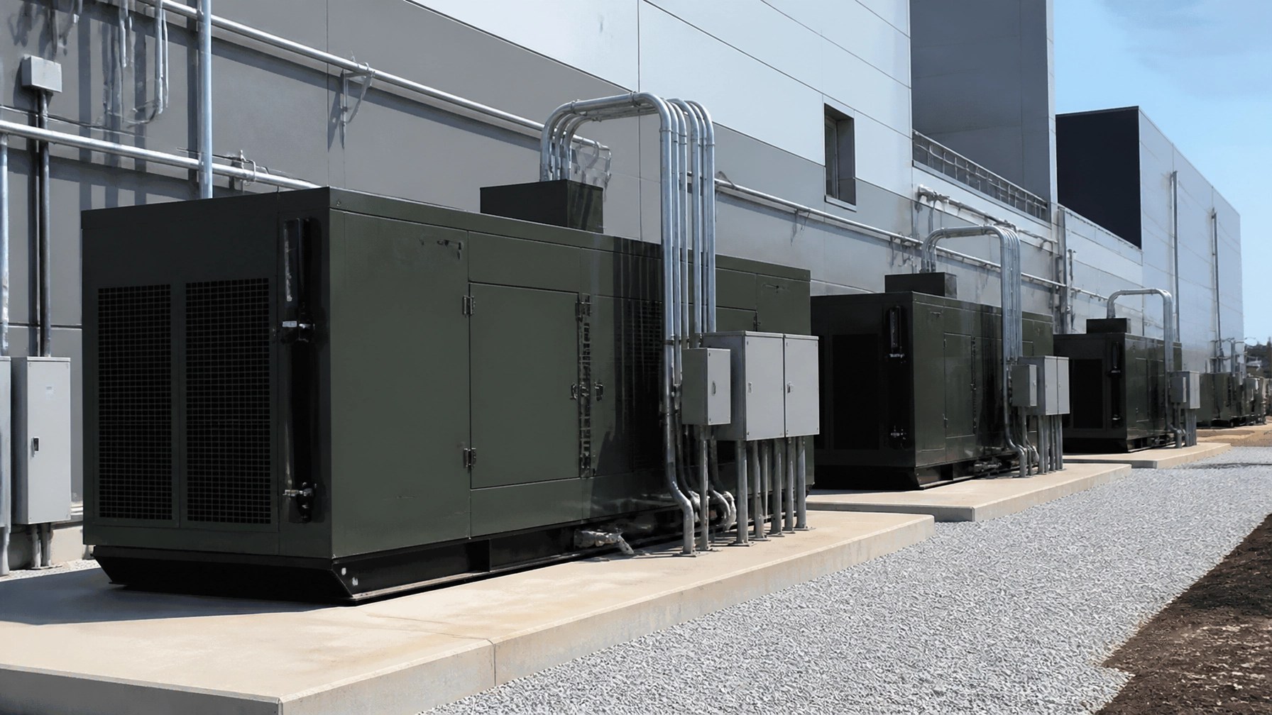 Photorealistic industrial backup generators installed beside a commercial data facility, showing real-world redundancy infrastructure for uptime protection.