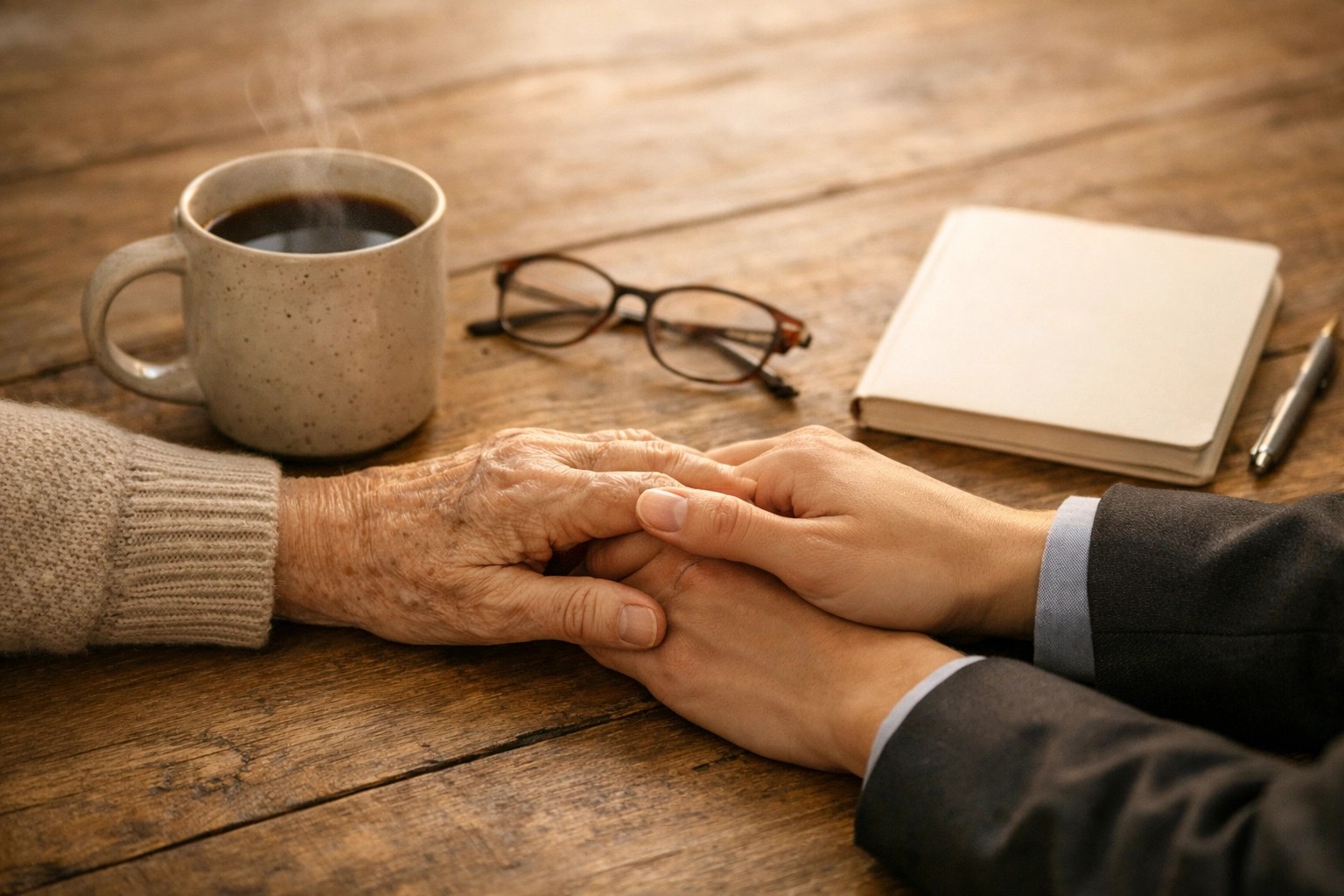 Hands of a senior and advisor planning a secure IUL policy over coffee.