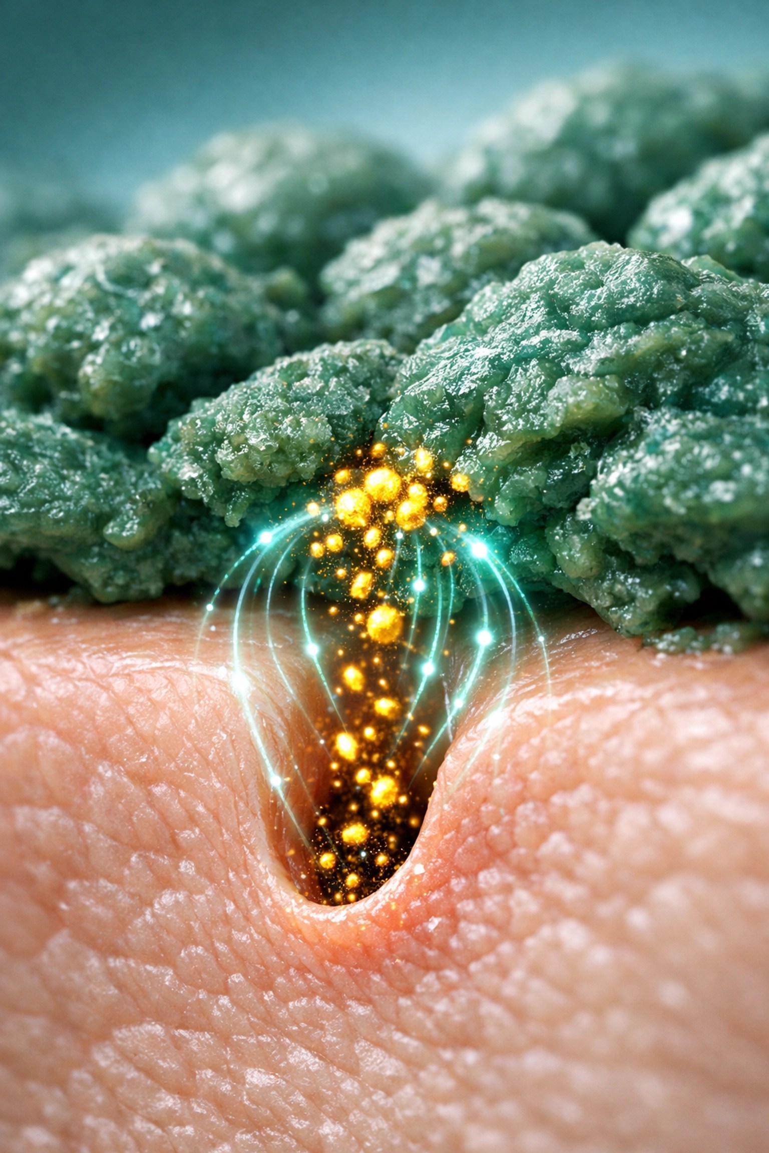 Microscopic view of mineral-rich green clay pulling toxins and impurities from skin pores.