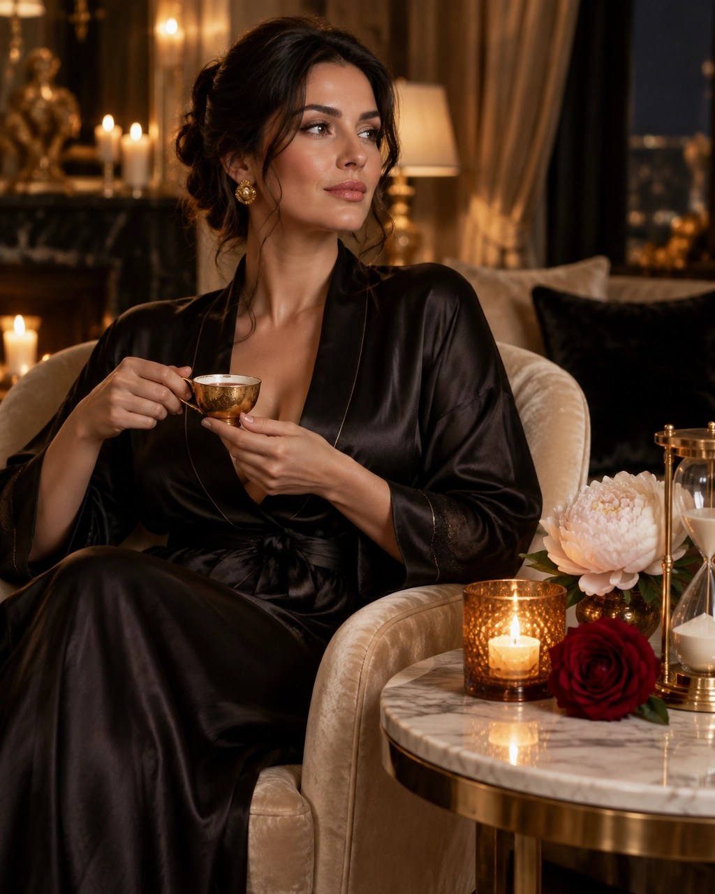 Elegant woman in a black silk robe practicing feminine energy and manifesting love in a candlelit luxury sanctuary