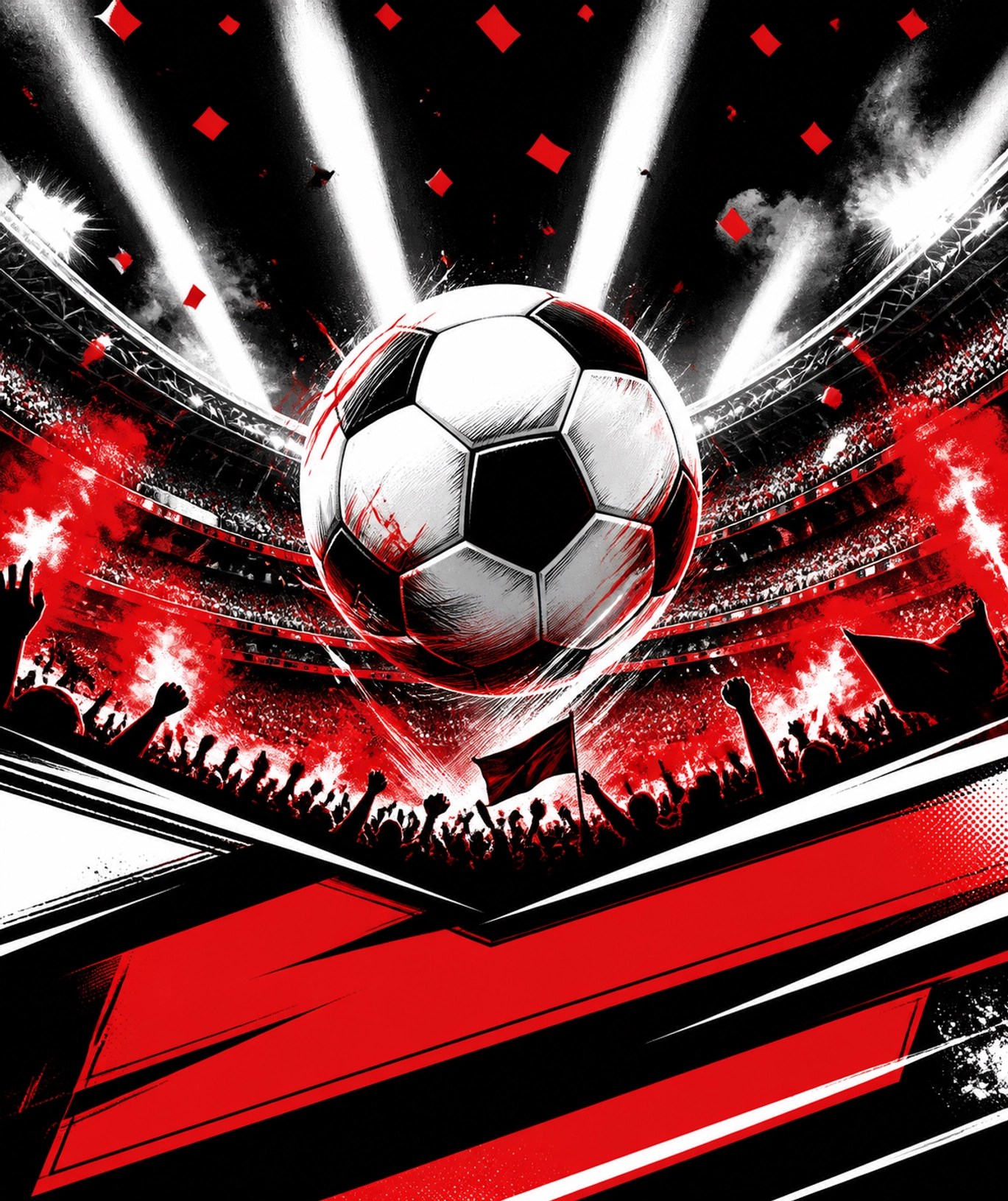 Massive soccer stadium with red confetti and spotlights, highlighting the upcoming 2026 World Cup entertainment news.