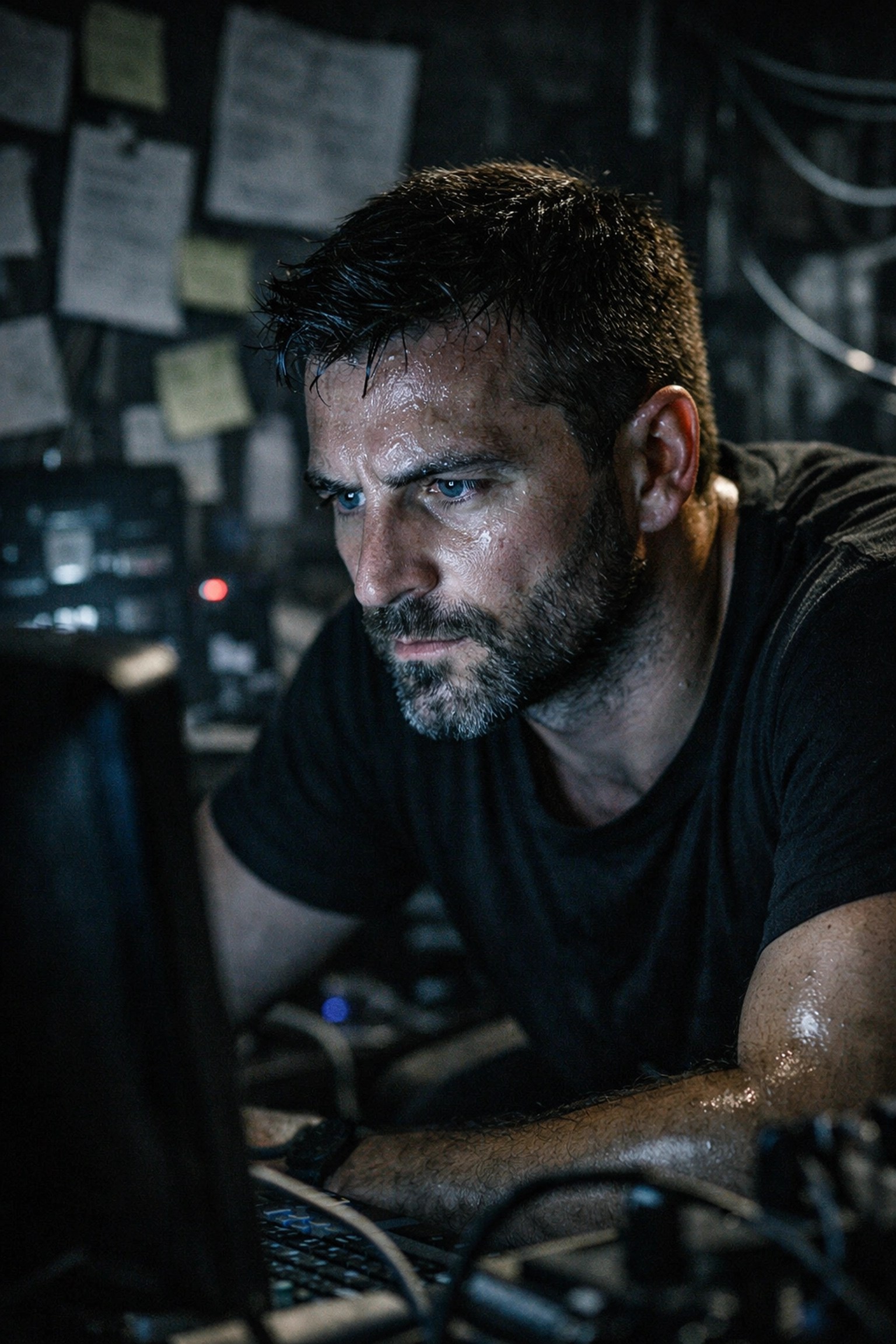 Focused creator Tibs Parise during an intense creative grind, illustrating the sweat behind beast mode output.