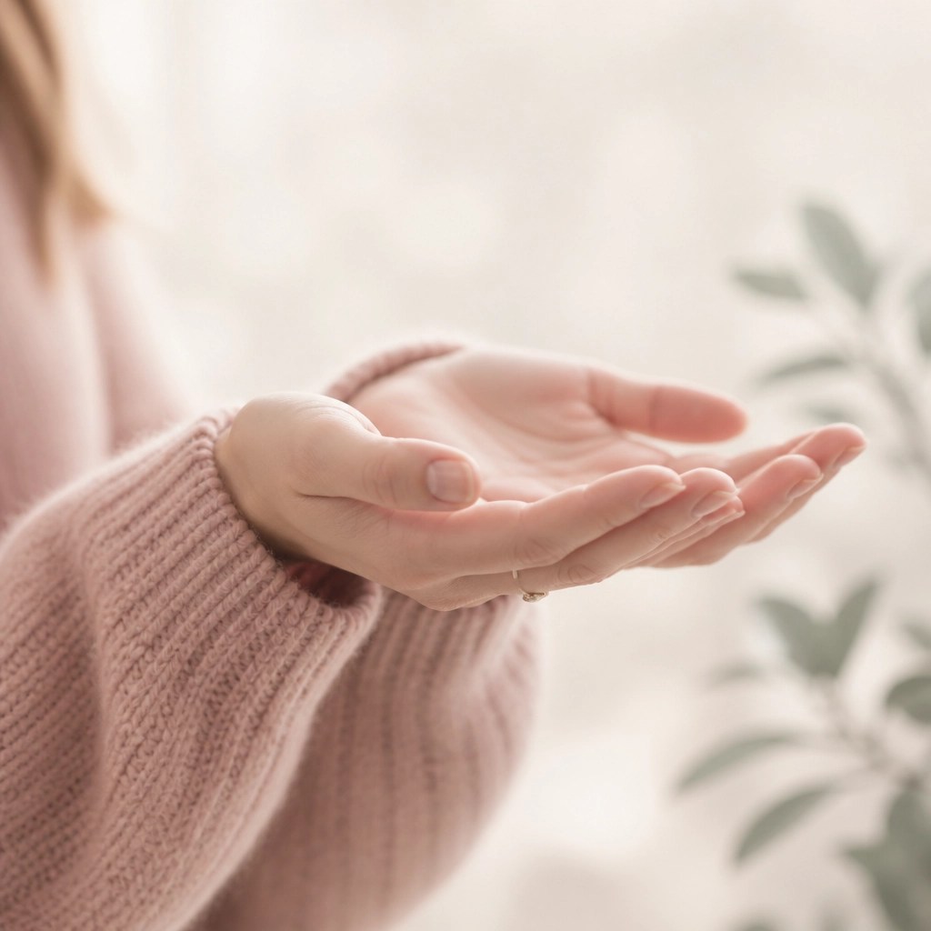Don't Carry Your Pain to the Enemy: Choosing God’s Truth When It Hurts 7 A woman wearing a Dusty Rose sweater with her hands open and upward in a gesture of receiving and surrender.