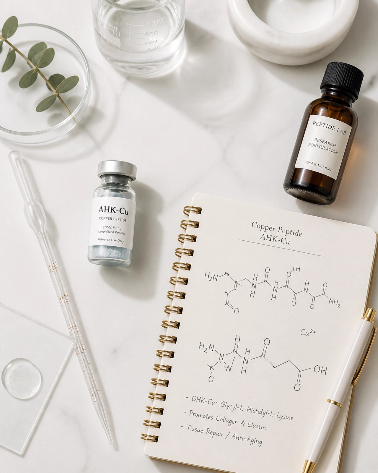 A top-down flat lay of a research lab station for beauty peptides: a glass pipette, a vial labeled AHK-Cu, a notepad with chemical structures, and a small amber glass bottle.