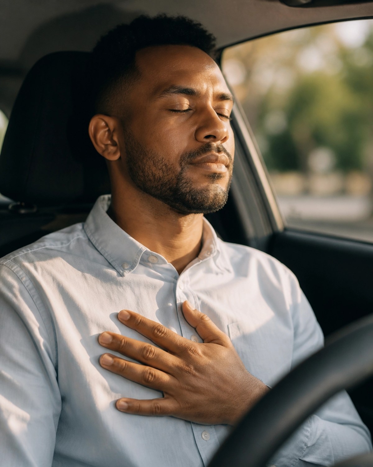 A man of color in a car, eyes closed, practicing box breathing to manage the stress of a commute.